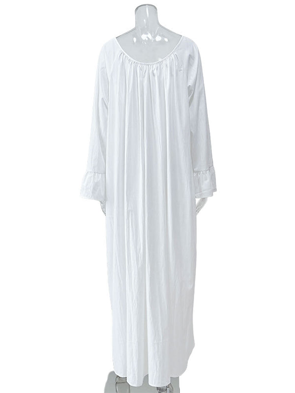 Pleated Solid Color Split-Joint Flared Sleeves Loose Round-Neck Maxi Dresses