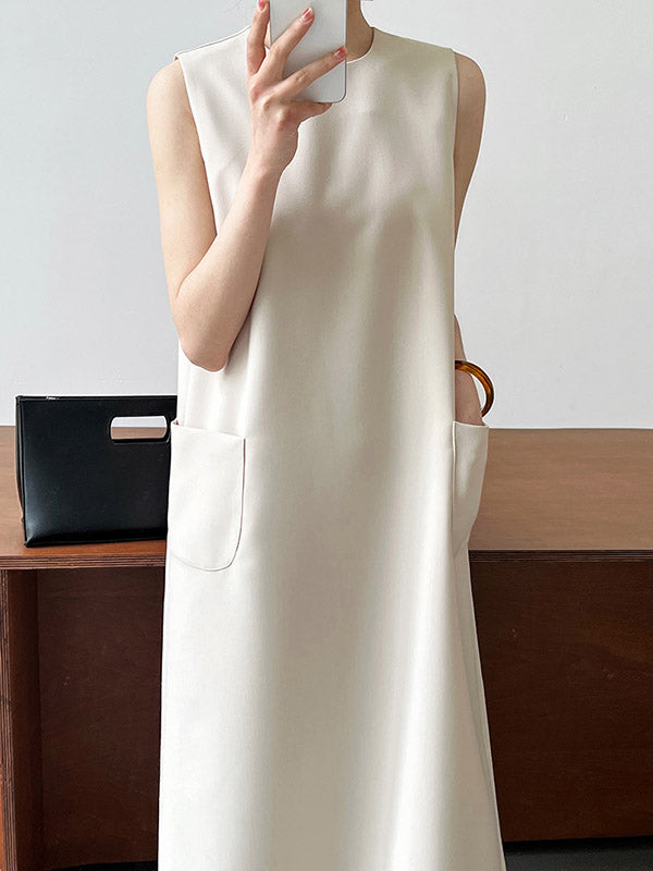 Pockets Solid Color Split-Back Zipper High Waisted Loose Round-Neck Midi Dresses