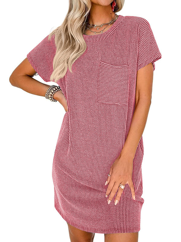 Contrast Color Pockets Split-Joint Striped A-Line Loose Round-Neck Mini Dresses
