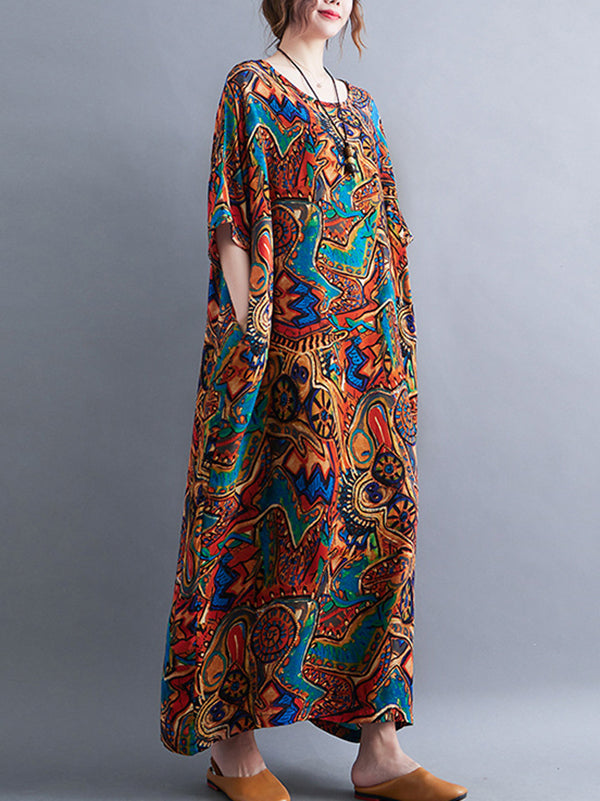 Original Artistic Retro Loose Printed Contrast Color Midi Dress