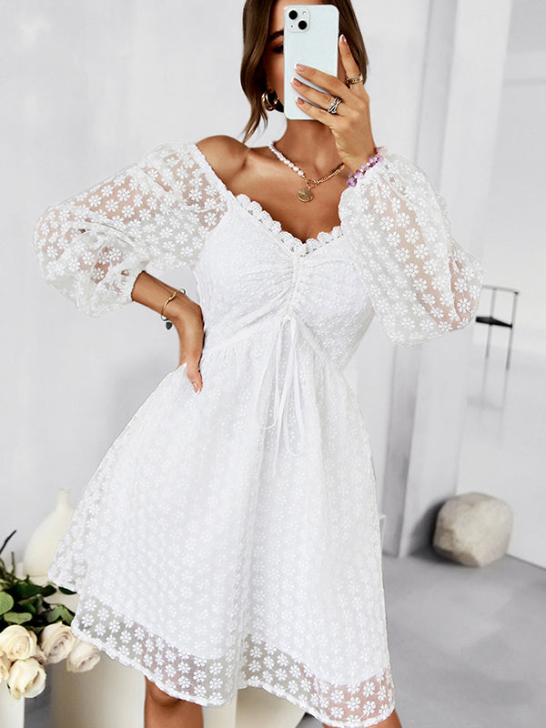 Vacation Puff Sleeves A-Line Solid V-Neck Dress