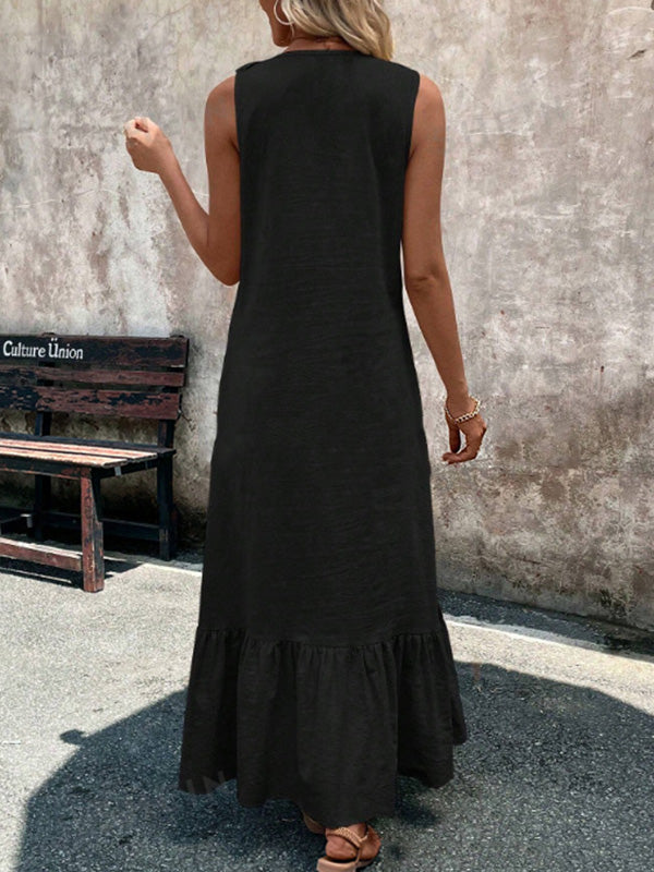 Pleated Ruffle Trim Solid Color A-Line Loose V-Neck Maxi Dresses