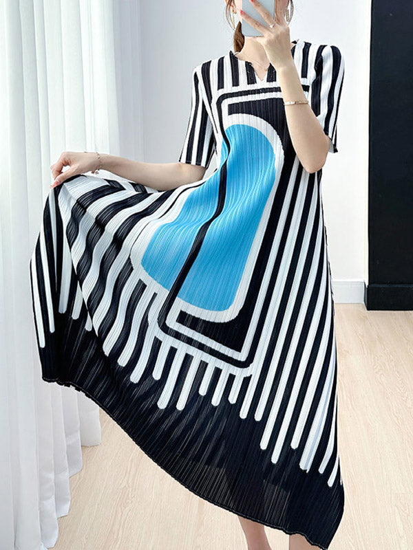 Pleated Printed A-line Loose V-neck Midi Dresses