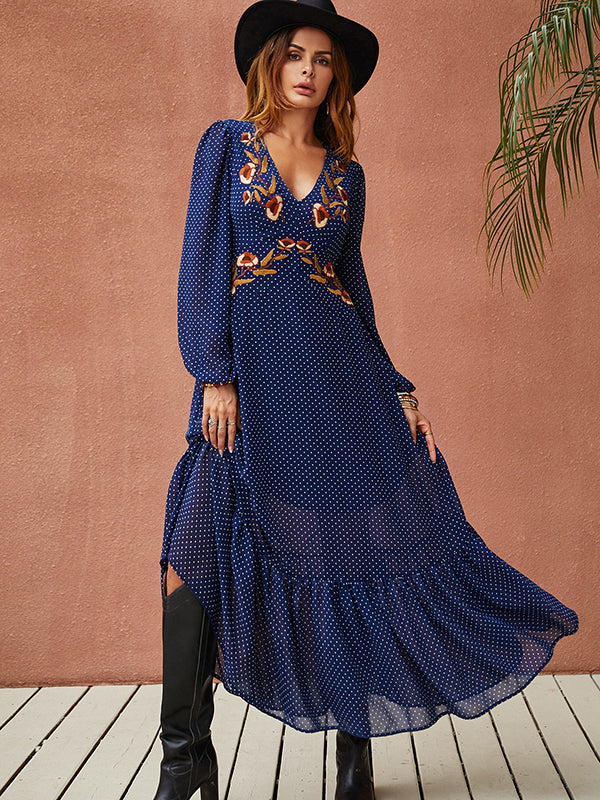 Vacation Polka-Dot Embroidered V-Neck Maxi Dress