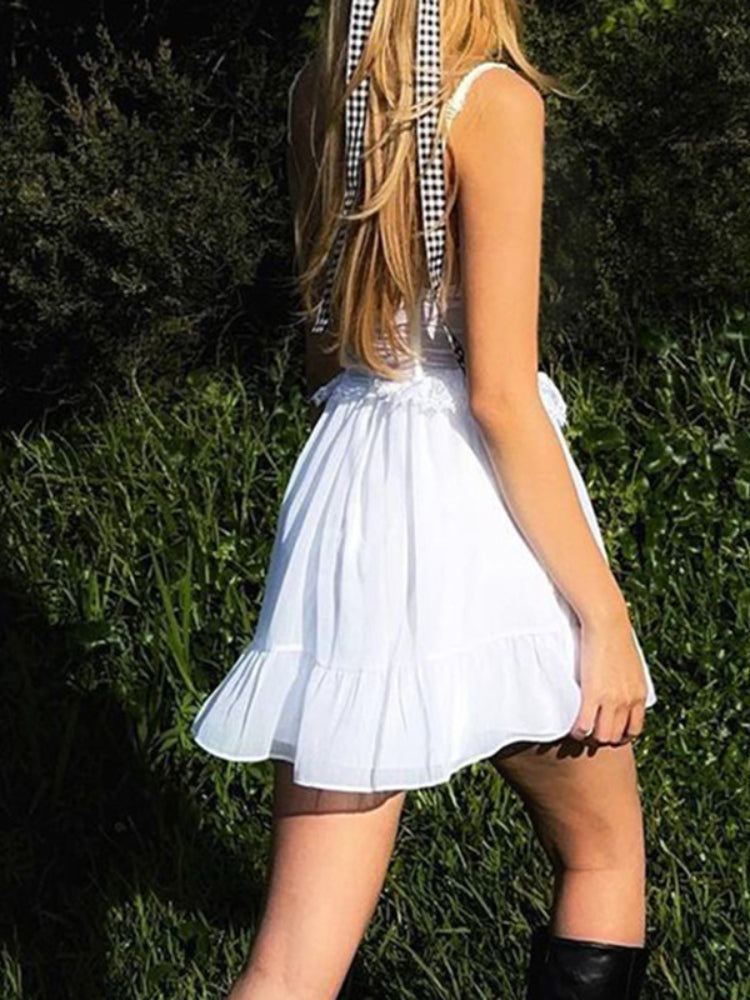 White Hollowed Out Belted Waist Dress