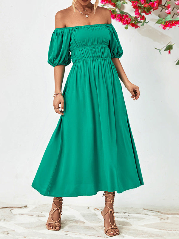 Solid Color Loose Short Sleeves Off-The-Shoulder Midi Dresses