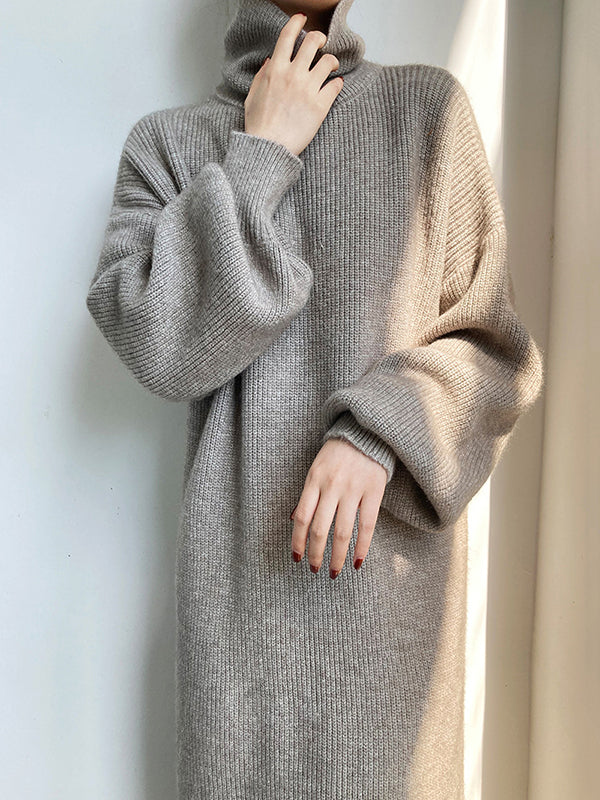 Urban Loose Puff Sleeves Solid Color High-Neck Sweater Dresses