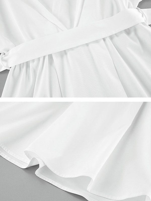 Pleated Solid Color Split-Joint Tied Waist Long Sleeves Loose V-Neck Shirt Dress Mini Dresses