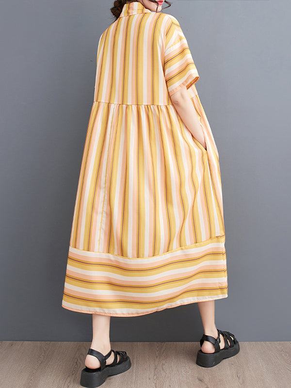 Split-Joint Striped Loose Short Sleeves Lapel Midi Dresses