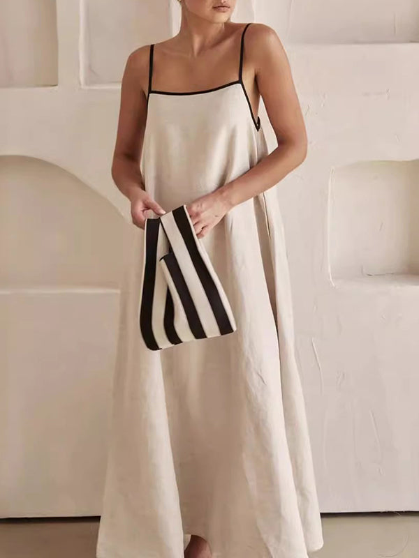 Split-Joint A-Line Loose Spaghetti-Neck Maxi Dresses
