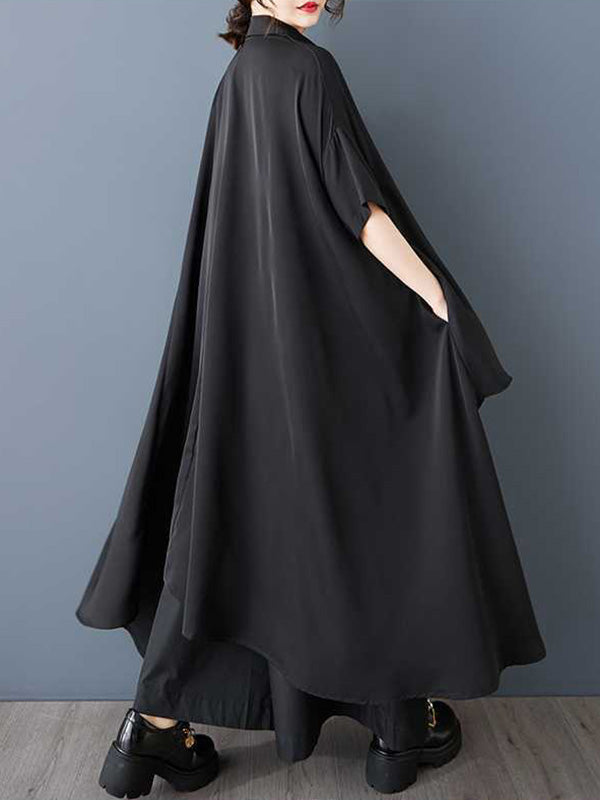 Asymmetric Buttoned Pockets Solid Color A-Line Half Sleeves Lapel Shirt Dress Midi Dresses