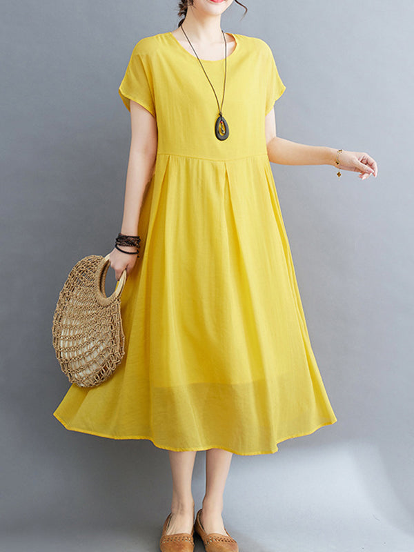 Solid Color Split-Joint Loose Short Sleeves Round-neck Midi Dresses