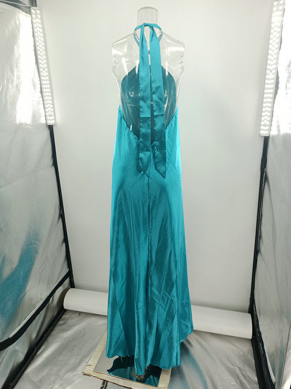 Backless Solid Color Tied A-Line Loose Halter-Neck Maxi Dresses