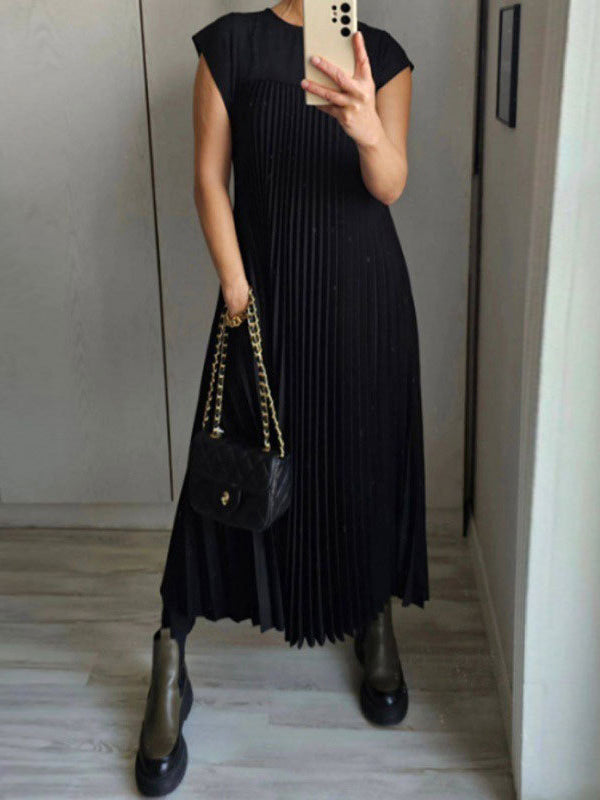 Pleated Pockets Solid Color Split-Joint A-Line High Waisted Round-Neck Maxi Dresses