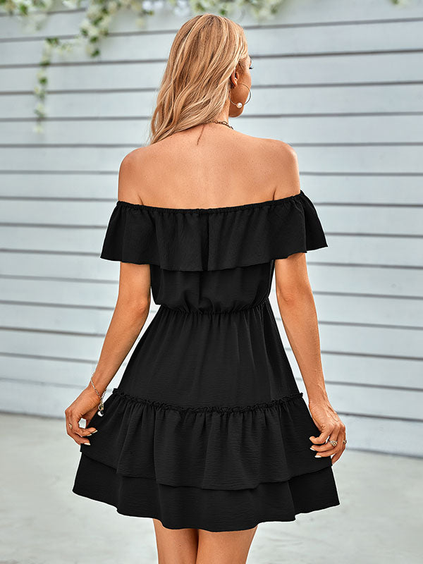 Vacation A-Line Loose Solid Color One-Shoulder Mini Dress