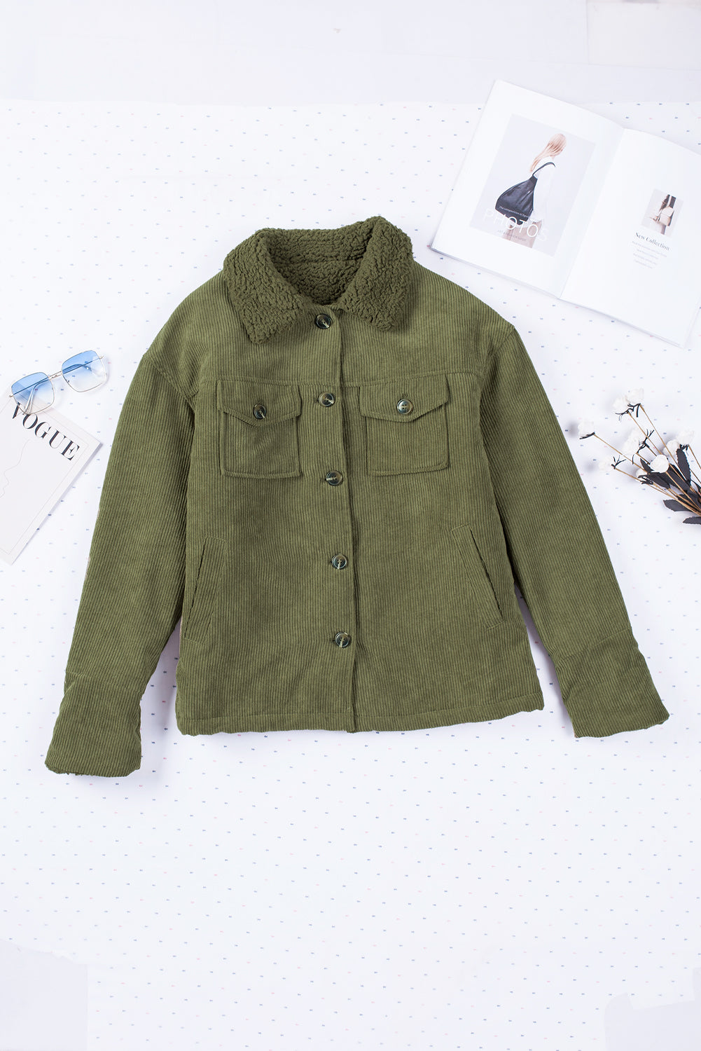 Green Corduroy Ribbed Shell Fleece Lining Jacket