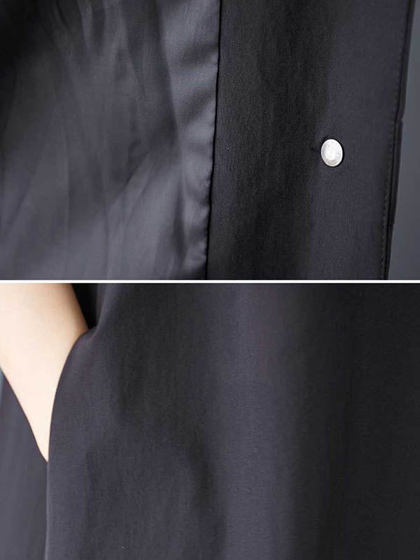 Buttoned Pleated Pockets Solid Color A-Line Loose V-Neck Vest Outerwear Midi Dresses