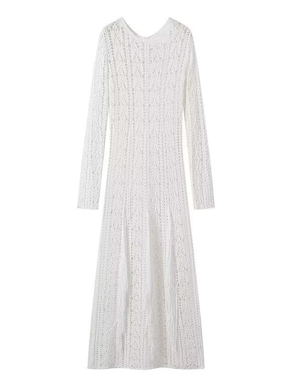 Solid Color Hollow Tasseled Long Sleeves Mermaid Maxi Dresses