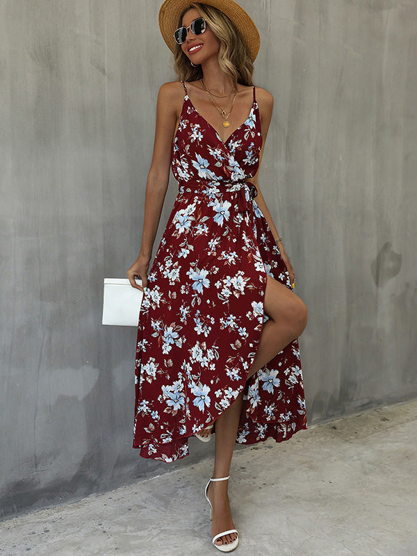 Vacation Sleeveless Floral Printed Backless V-Neck Dress