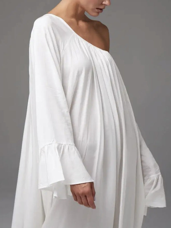 Pleated Solid Color Split-Joint A-Line Flared Sleeves Round-Neck Maxi Dresses