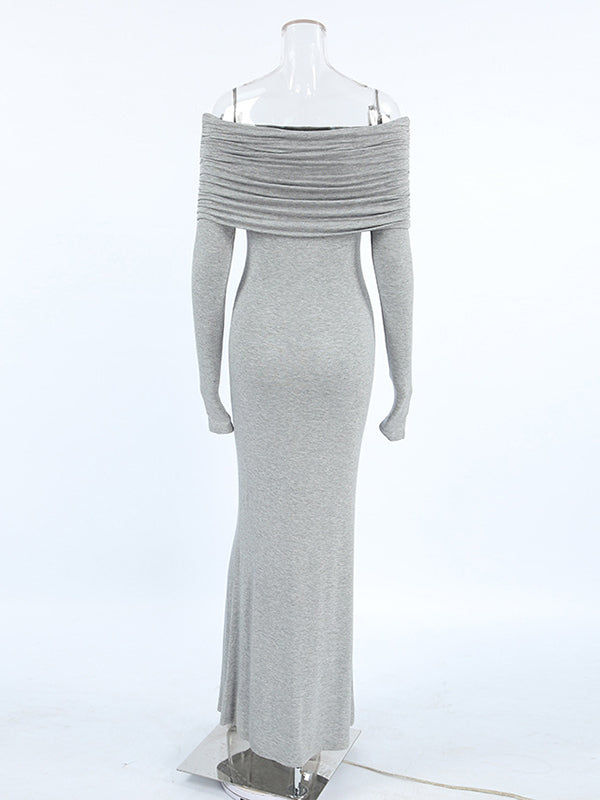 Pleated Solid Color Split-Joint Long Sleeves Skinny Off-the-shoulder Maxi Dresses Evening Dresses