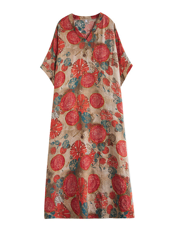 Printed Loose Short Sleeves V-Neck Maxi Dresses