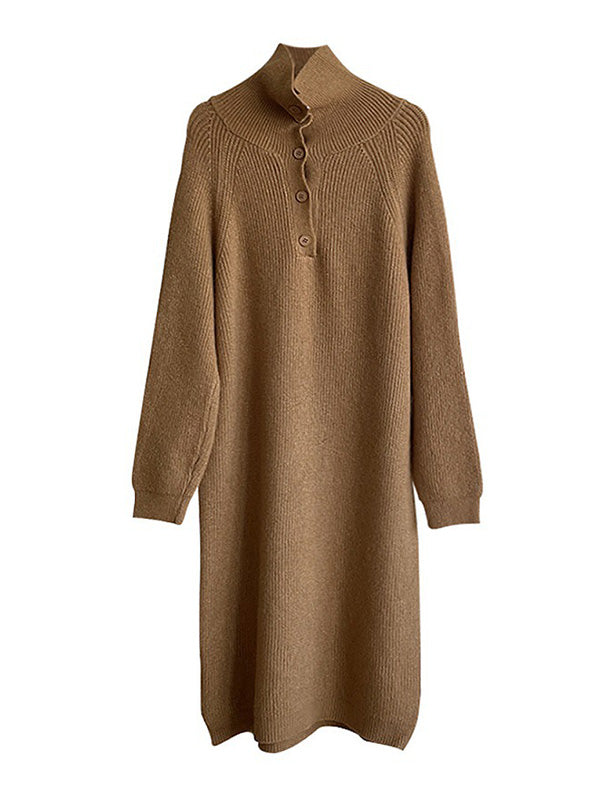 Simple Long Sleeves Loose Buttoned Solid Color High-Neck Sweater Dresses