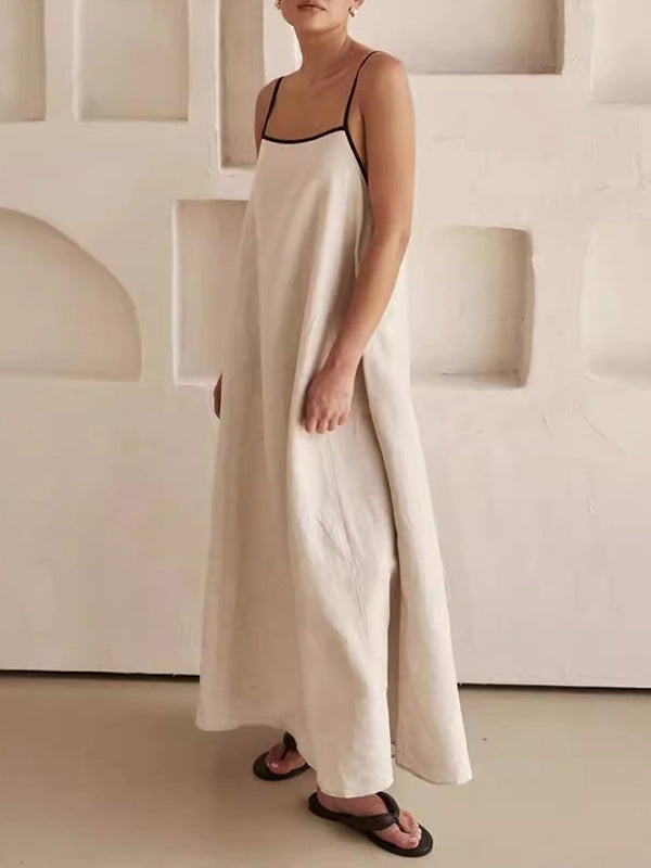 Split-Joint A-Line Loose Spaghetti-Neck Maxi Dresses