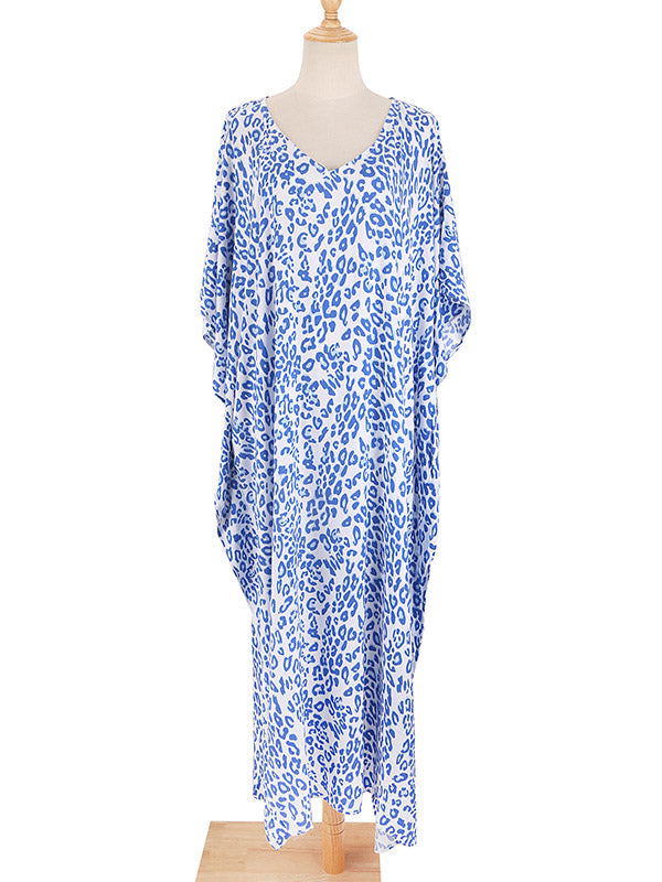Leopard Split-Side Sun Protection Batwing Sleeves Loose V-Neck Maxi Dresses Cover-Ups Swimwear
