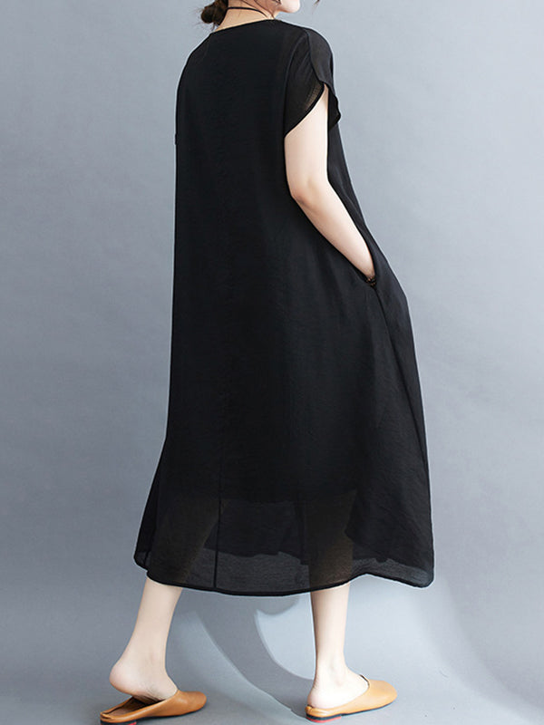 Solid Color Split-Joint Loose Short Sleeves Round-neck Midi Dresses