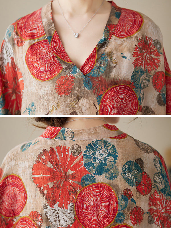Printed Loose Short Sleeves V-Neck Maxi Dresses