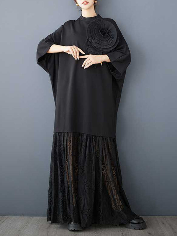 Solid Color Split-Joint Three-Dimensional Flower Long Sleeves Loose Mock Neck Maxi Dresses