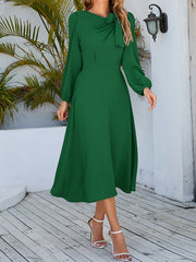 Asymmetric Bowknot Elasticity Solid Color A-Line Long Sleeves Round-Neck Midi Dresses
