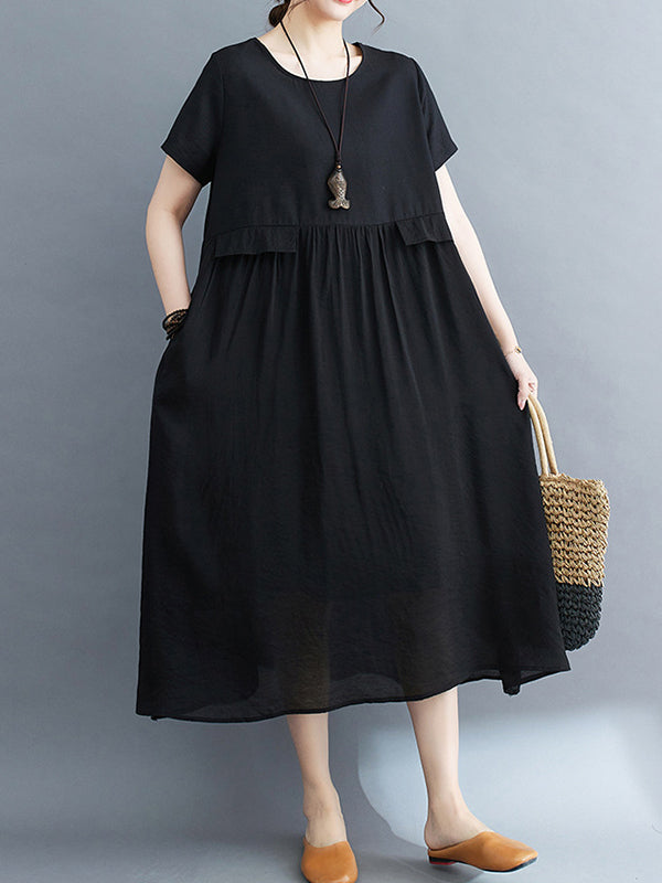 Gauze Solid Color Split-Joint Loose Short Sleeves Round-neck Midi Dresses