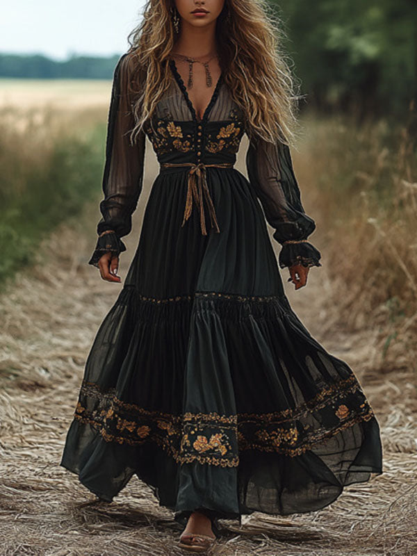 Vintage Floral Long Sleeves Ruffled Maxi Dresses