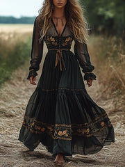 Vintage Floral Long Sleeves Ruffled Maxi Dresses