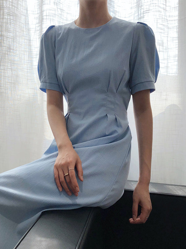 Original Creation Loose Short Sleeves Solid Color Round-Neck Midi Dresses