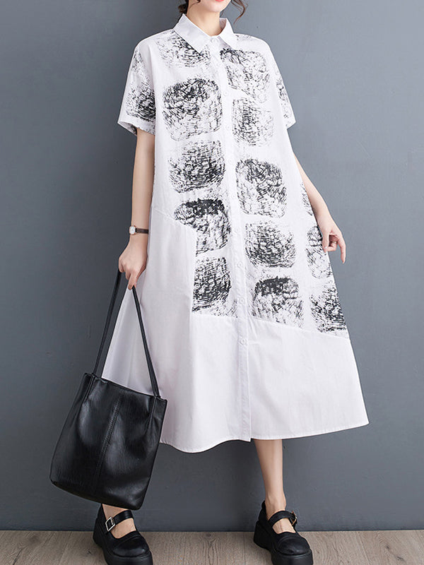 Abstract Printed Loose Short Sleeves Lapel Shirt Dress Midi Dresses