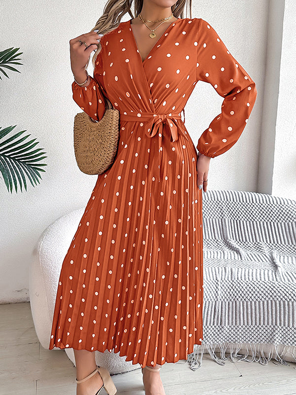 Elasticity Pleated Polka-Dot Split-Joint Tied Waist A-Line High Waisted V-Neck Shirt Dress Midi Dresses