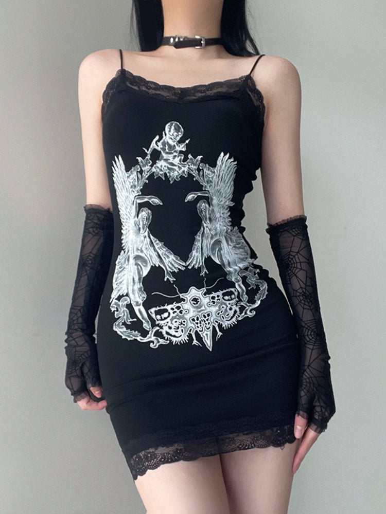 Gothic Black Lace Printed Halter Dress