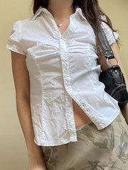 Short Sleeve V-Neck Plain Ruched Shirt