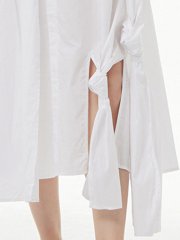 Solid Color Streamer Loose Short Sleeves Round-neck Midi Dresses
