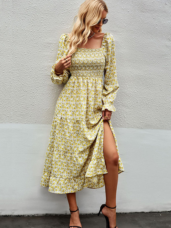Bohemia Long Sleeves Floral Printed U-Neck Dress