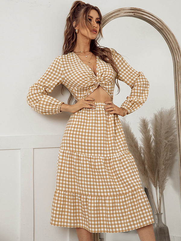 Vacation A-Line Plaid Hollow Midi Dresses