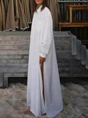 See-Through Solid Color Split-Joint Split-Side Long Sleeves Loose Lapel Shirt Dress Maxi Dresses