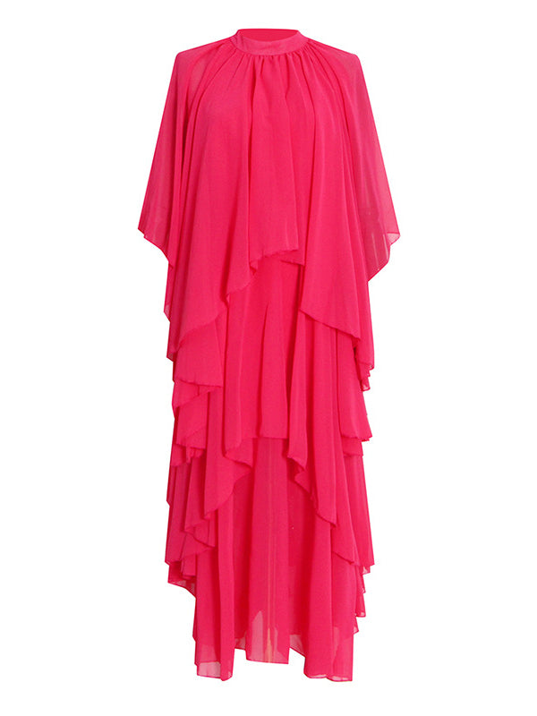Solid Color Tiered Loose Raglan Sleeve Stand Collar Maxi Dresses