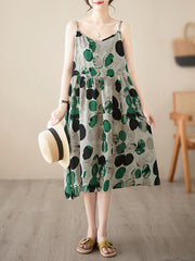 Pleated Printed Split-Joint Loose Sleeveless Spaghetti-Neck Midi Dresses