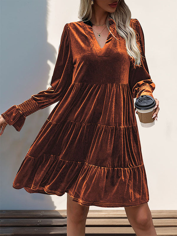 Pleated Solid Color Velvet A-Line Long Sleeves V-Neck Mini Dresses
