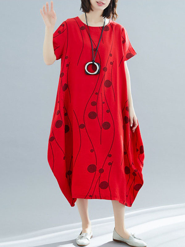 Printed Loose Short Sleeves Round-neck Midi Dresses