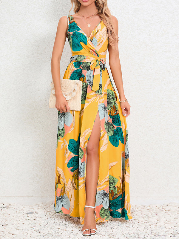 Flower Print Pleated Split-Front Tied Waist A-Line Loose V-Neck Maxi Dresses